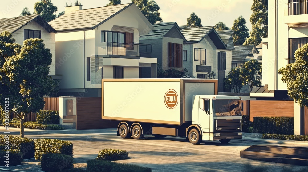 A food delivery truck in a residential area, surrounded by modern houses, preparing to deliver groceries to homes. A food delivery truck in a residential area, surrounded by modern houses, preparing to deliver groceries to homes.