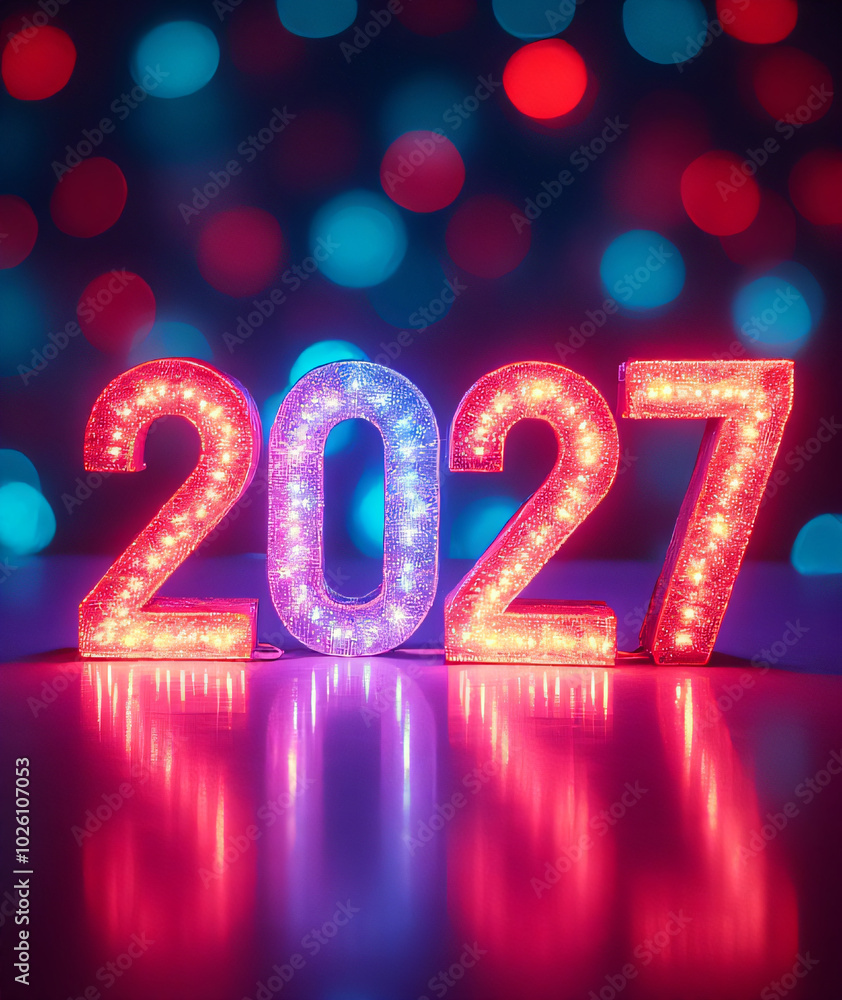 Happy New Year 2027 arrives amidst vibrant neon digital displays of 2025 with mesmerizing bokeh effects surrounding each numeral._00001_ Happy New Year 2027 arrives amidst vibrant neon digital displays of 2025 with mesmerizing bokeh effects surrounding each numeral._00001_
