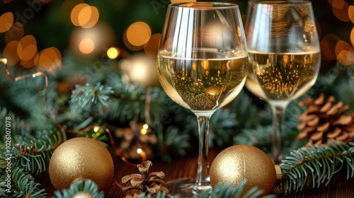 Festive holiday decorations surrounding two wine glasses filled with white wine set amidst pine branches, golden ornaments, and twinkling lights