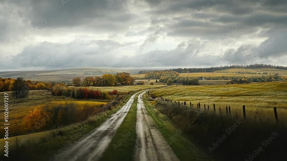A winding dirt road cuts through a field on a cloudy autumn day A winding dirt road cuts through a field on a cloudy autumn day