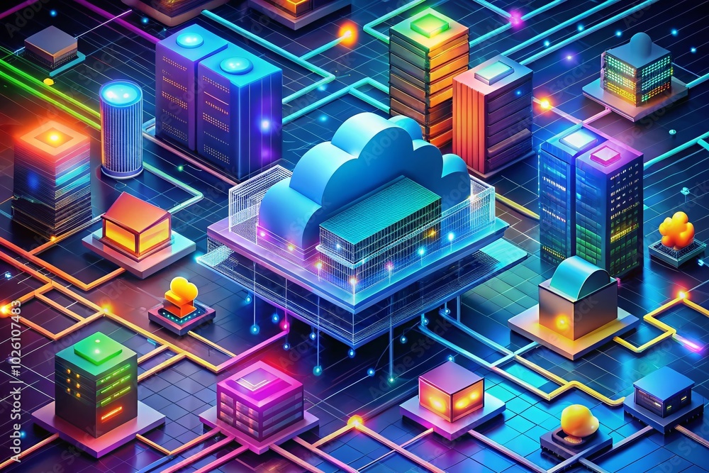 Isometric Cloud Computing Services Elements in Aerial View - Digital Technology Solutions Isometric Cloud Computing Services Elements in Aerial View - Digital Technology Solutions