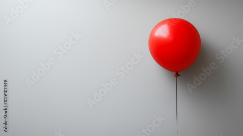 A red balloon is floating in the air above a white wall. The balloon is the only object in the image, and it creates a sense of emptiness and loneliness