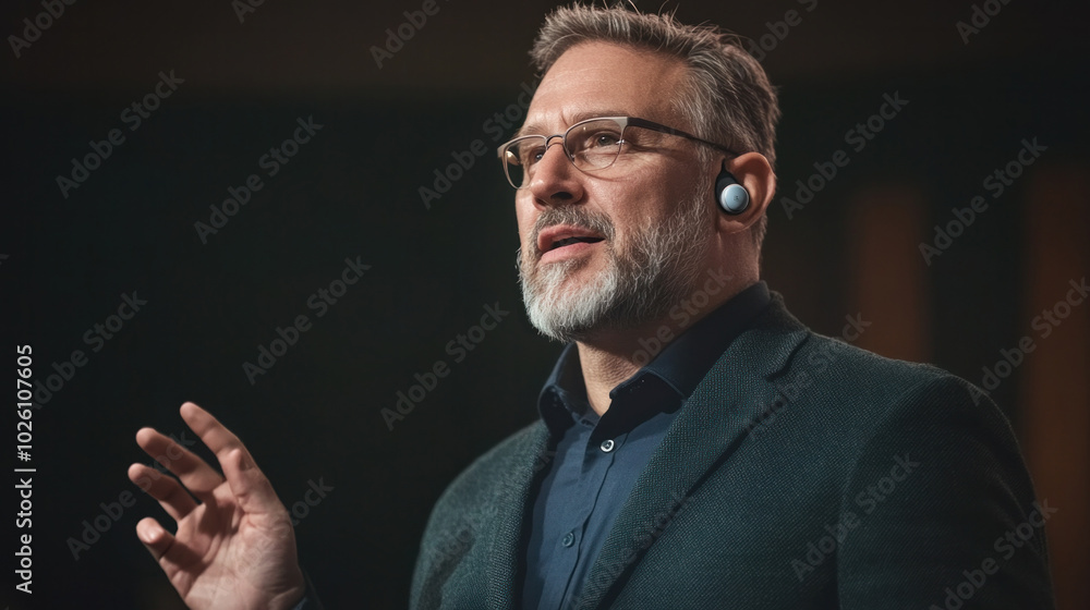 Middle-aged man with hearing aid presenting at business conference Middle-aged man with hearing aid presenting at business conference