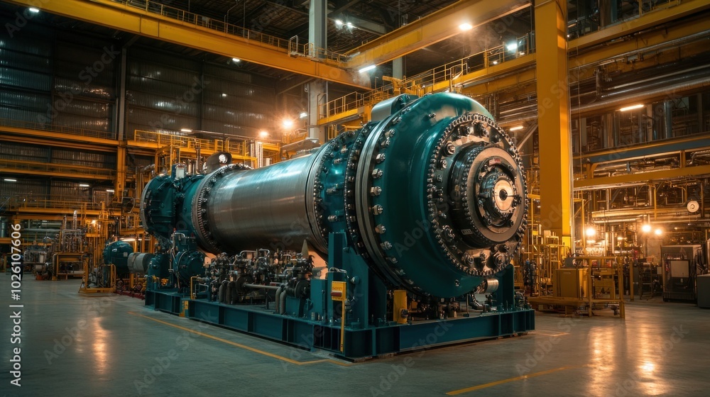 Large turbine compressor at oil refinery amidst pressure equipment Large turbine compressor at oil refinery amidst pressure equipment