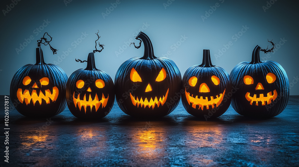 A row of pumpkins with scary faces on them. The pumpkins are arranged in a line and are lit up A row of pumpkins with scary faces on them. The pumpkins are arranged in a line and are lit up