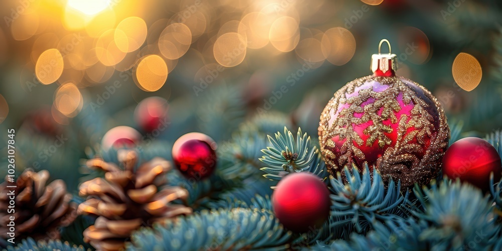A beautifully captured close-up image showcases red and gold Christmas ornaments nestled among evergreen branches with a warm, bokeh background A beautifully captured close-up image showcases red and gold Christmas ornaments nestled among evergreen branches with a warm, bokeh background