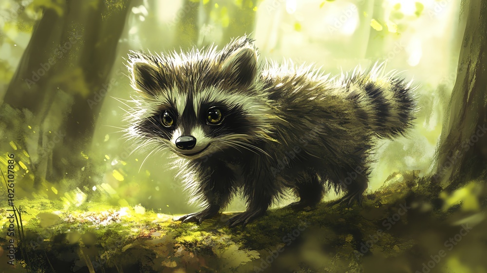 Naklejka premium Cute Raccoon Exploring Lush Forest with Sunbeams Wildlife Nature Photography Forest Wildlife