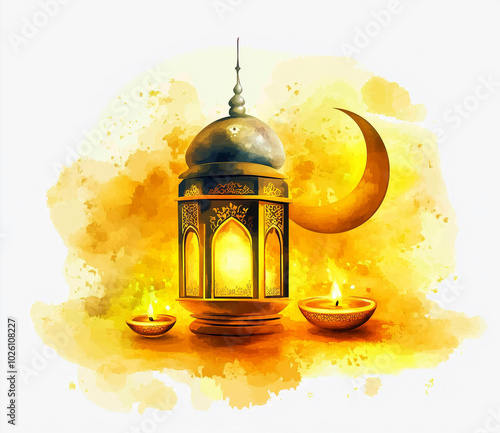 yellow watercolor ramadan eid lantern and crescent moon isolated on white photo