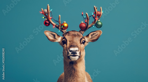 A reindeer with vibrant, decorated antlers, isolated on a bright blue background