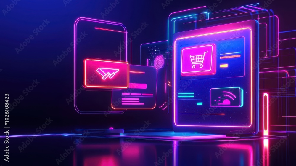 Futuristic digital interfaces with neon lights representing online shopping, digital communication, and network connections. Futuristic digital interfaces with neon lights representing online shopping, digital communication, and network connections.
