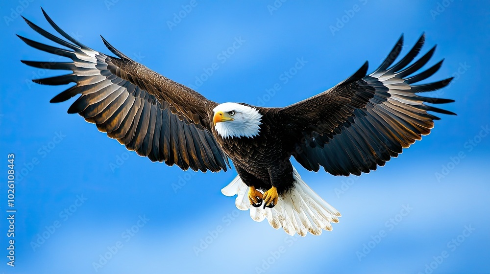 Obraz premium A majestic bald eagle soaring high in the sky, wings spread wide against a clear blue backdrop.