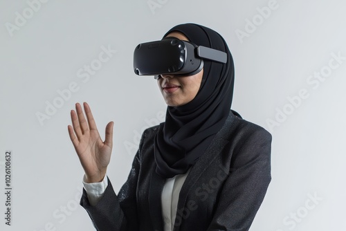 Business woman in Hijab wearing goggles engaged Virtual Reality Experience