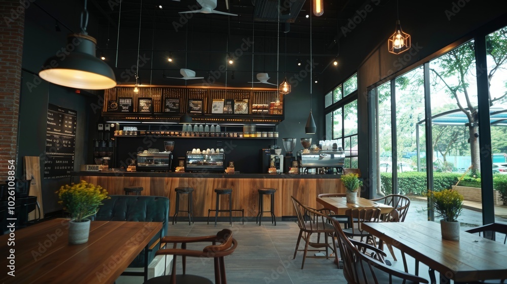 Fototapeta premium A contemporary cafe with loft-style interior, incorporating dark hues and an open space concept, displaying a diverse range of coffee options for a pleasant coffee shop experience
