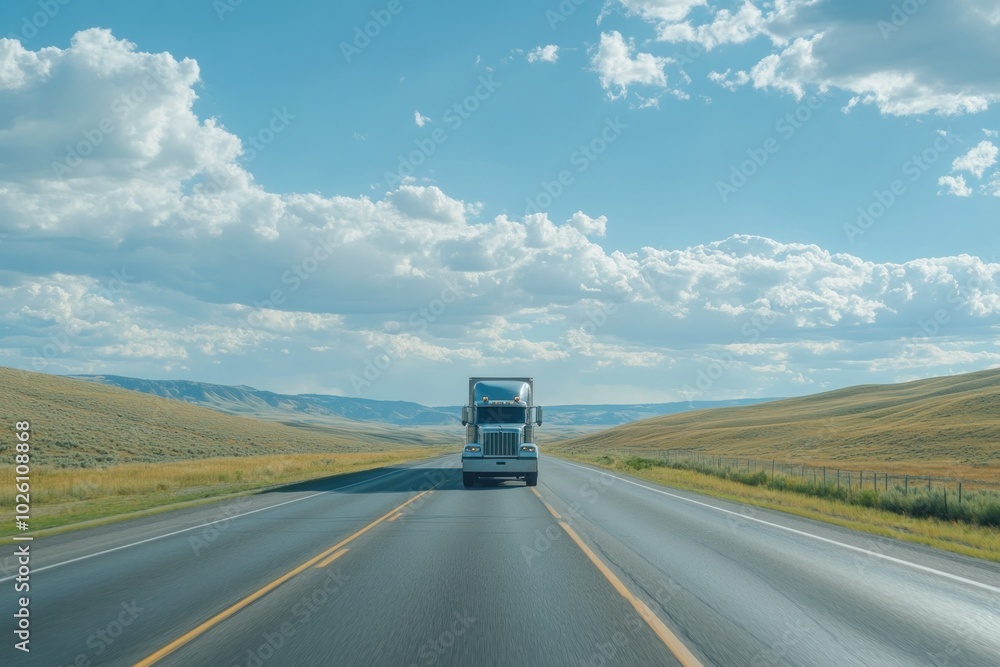 Truck Driving on Open Highway Under Blue Sky Truck Driving on Open Highway Under Blue Sky