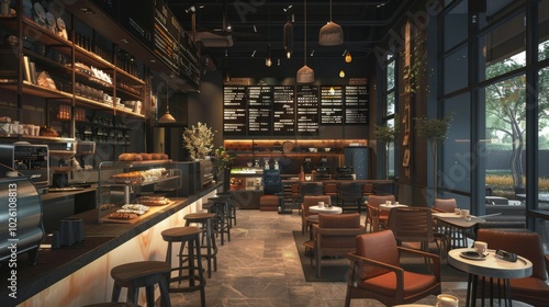 A contemporary cafe with loft-style interior  incorporating dark hues and an open space concept  displaying a diverse range of coffee options for a pleasant coffee shop experience