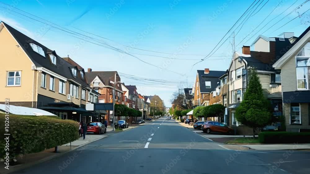 A quiet residential street transitions into a lively urban district under clear skies. A quiet residential street transitions into a lively urban district under clear skies.