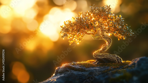 A small bonsai tree, featuring delicate leaves and branches where shimmering gold flows like veins throughout