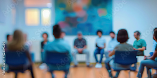 A blurred background of psychiatric patients in group therapy  emphasizing the importance of support in mental health treatment.