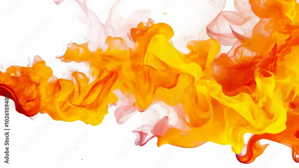 Orange and yellow ink swirl and spread through water, creating abstract shapes and patterns against a white background Orange and yellow ink swirl and spread through water, creating abstract shapes and patterns against a white background