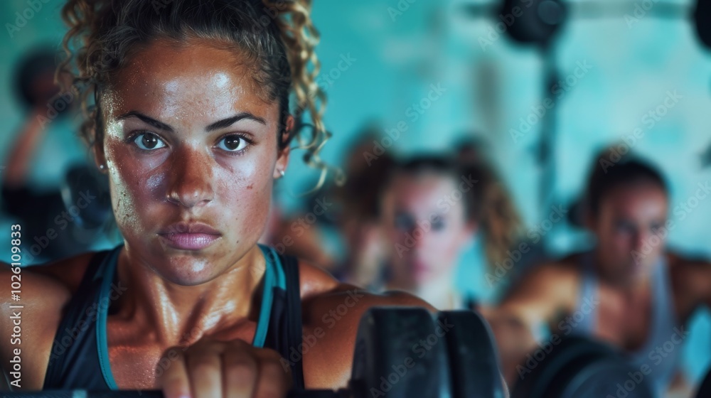 A close-up of a determined woman's hands gripping dumbbells during a challenging gym class, muscles defined and engaged A close-up of a determined woman's hands gripping dumbbells during a challenging gym class, muscles defined and engaged
