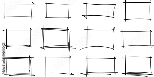 Set of doodle handdrawn highlight rectangles. Collection of pencil or pen sketch elements of squares and marks isolated on transparent background. Brush doodle shape for message notes