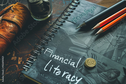 A notebook labeled financial literacy sits on a wooden table, surrounded by study materials including pens and coins, highlighting the focus on money management and education
