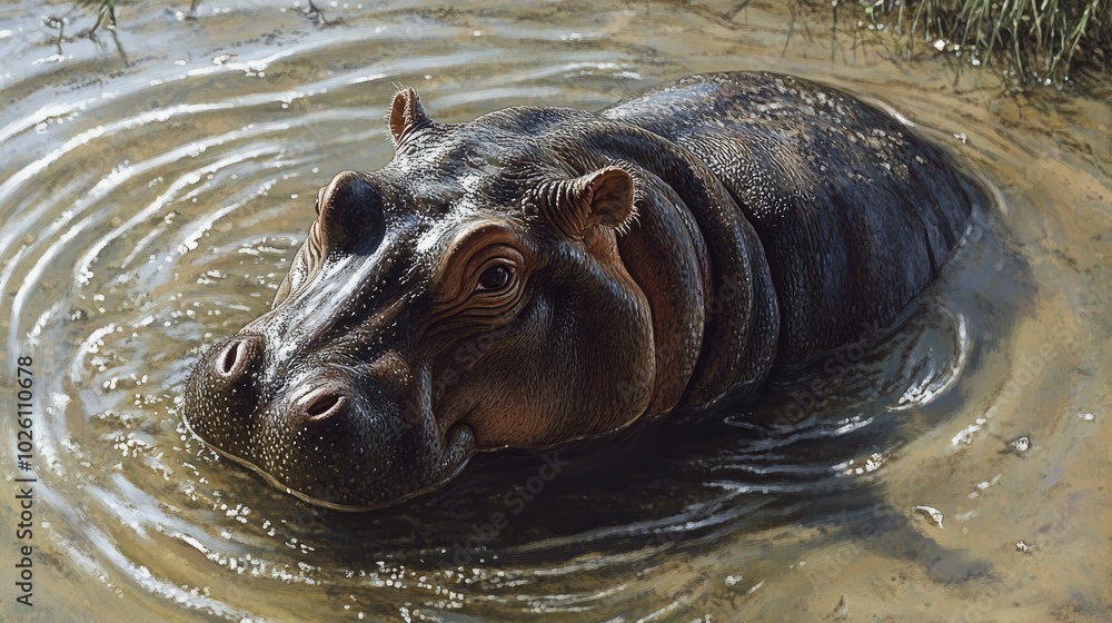 Fototapeta premium A pygmy hippopotamus enjoying a cool dip in a shallow stream, ripples forming around it.