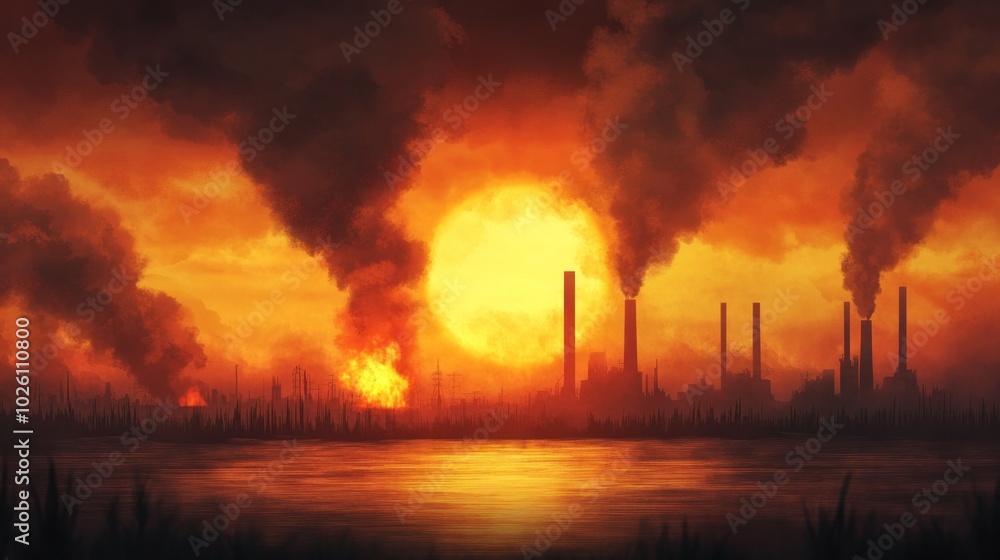 Factory landscape on fire at sunset with thick smoke, symbolizing environmental destruction Factory landscape on fire at sunset with thick smoke, symbolizing environmental destruction