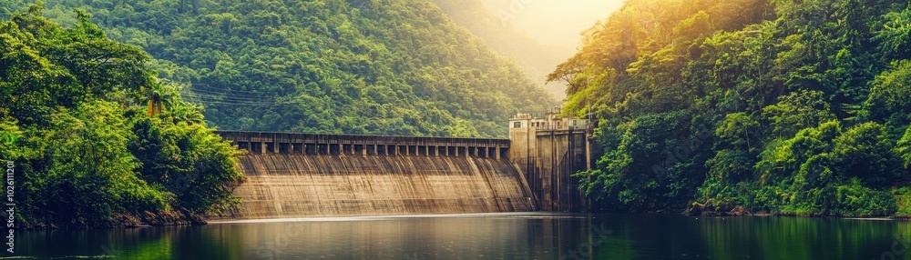 Sunlit dam nestled in lush green hills, reflecting on calm waters. Captures the serene harmony of nature and engineering. Sunlit dam nestled in lush green hills, reflecting on calm waters. Captures the serene harmony of nature and engineering.