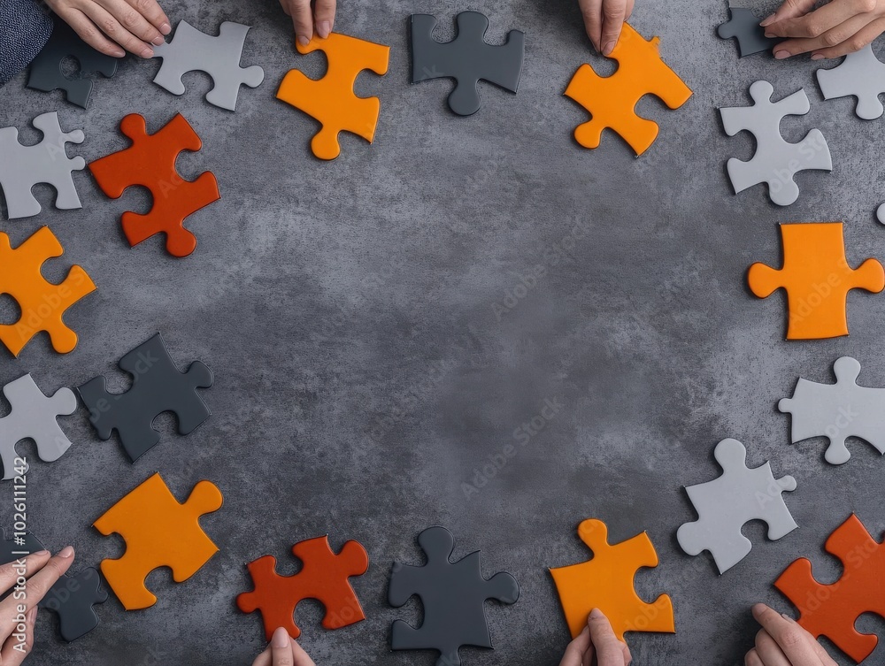 Obraz premium A group collaboration scene featuring hands placing puzzle pieces on a textured surface, symbolizing teamwork and creativity.