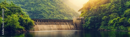 Wallpaper Mural Sunlit dam nestled in lush green hills, reflecting on calm waters. Captures the serene harmony of nature and engineering. Torontodigital.ca