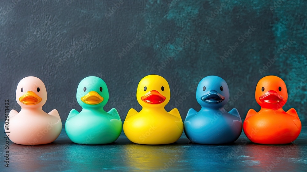 A row of colorful rubber ducks, with the classic yellow one standing out in the middle. A row of colorful rubber ducks, with the classic yellow one standing out in the middle.