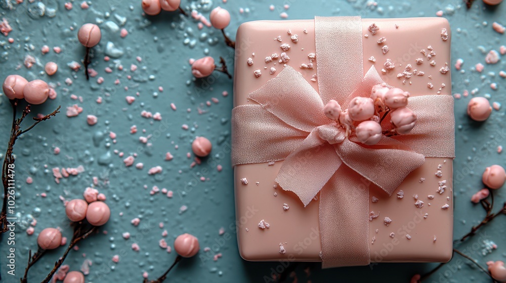 Elegant pink gift box with delicate flowers on a textured blue background. Elegant pink gift box with delicate flowers on a textured blue background.