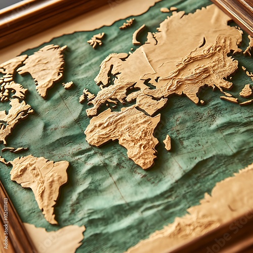 A detailed relief map of the world, showcasing continents and oceans in a textured design. photo