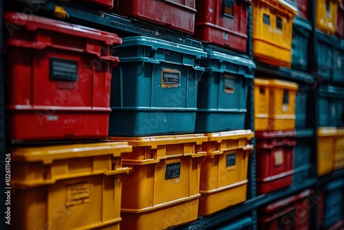 Stacked Plastic Storage Bins in Red, Yellow, and Blue