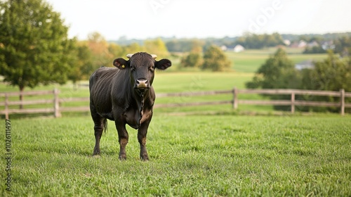 Majestic Aberdeen Angus bull grazing in serene pasture, showcasing strength and beauty of iconic breed in agriculture. 