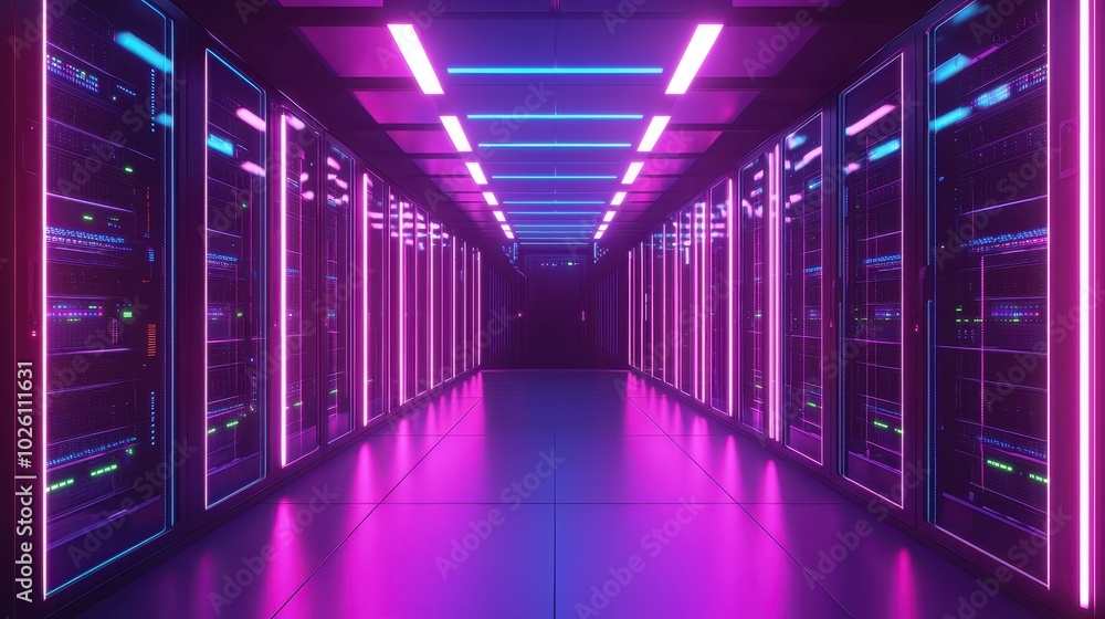 Futuristic server room with vibrant neon lights and sleek modern design, highlighting advanced technology in data management infrastructure. Futuristic server room with vibrant neon lights and sleek modern design, highlighting advanced technology in data management infrastructure.