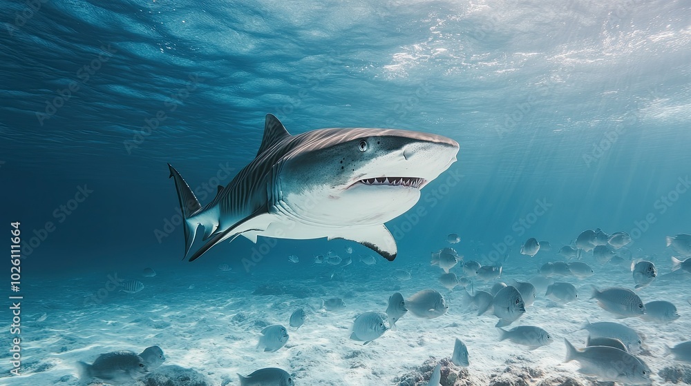 Fototapeta premium A school of fish parting as a tiger shark swims through, highlighting the predator dominance in the marine food chain.