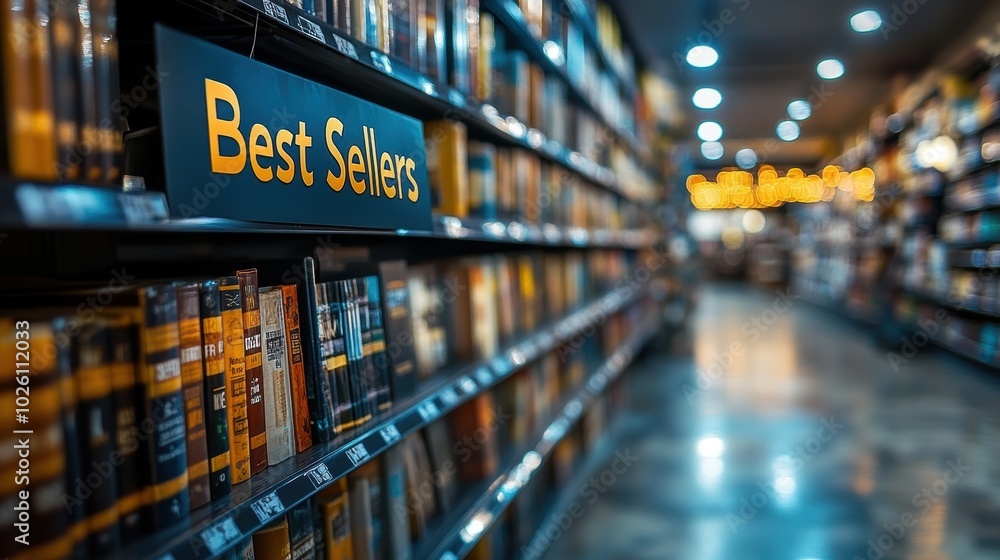 A well-lit aisle in a modern bookstore featuring a prominent Best Sellers section with a variety of popular books neatly arranged on shelves A well-lit aisle in a modern bookstore featuring a prominent Best Sellers section with a variety of popular books neatly arranged on shelves