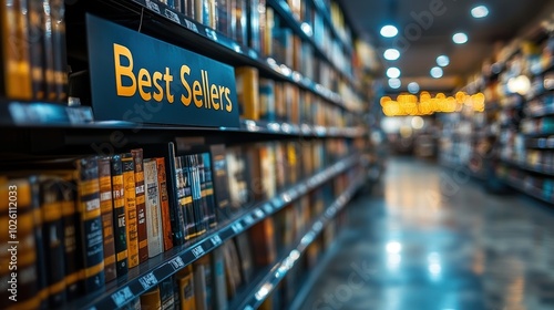 A well-lit aisle in a modern bookstore featuring a prominent Best Sellers section with a variety of popular books neatly arranged on shelves