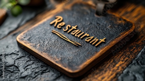 A beautifully crafted wooden restaurant signboard placed on a textured wooden background, capturing the essence of rustic dining and welcoming ambiance