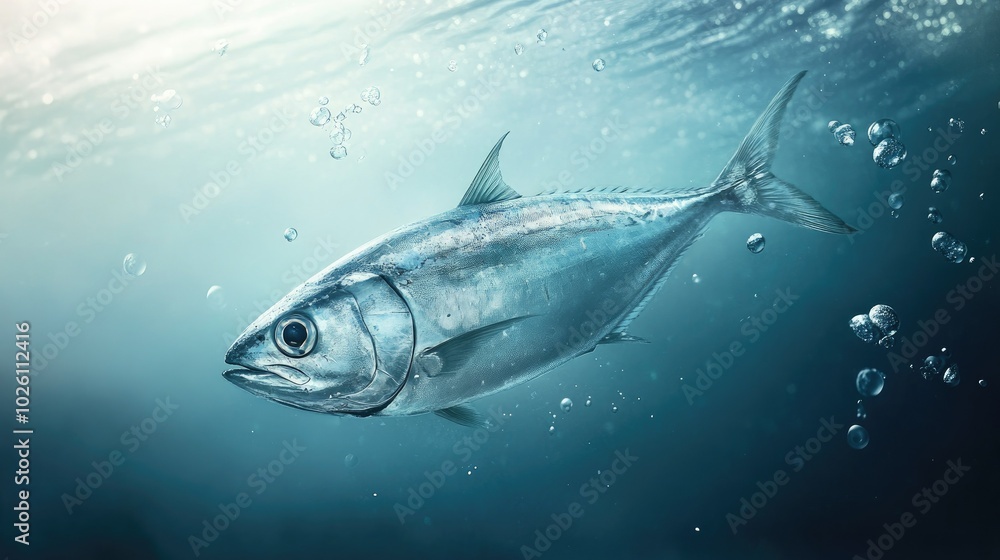 A silvery mackerel darting through clear blue waters in search of food, with small bubbles around. A silvery mackerel darting through clear blue waters in search of food, with small bubbles around.