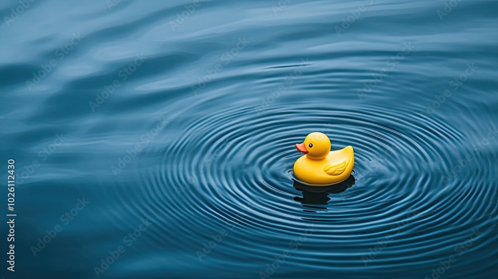 A single yellow rubber duck floating on clear blue water, creating gentle ripples around it. A single yellow rubber duck floating on clear blue water, creating gentle ripples around it.