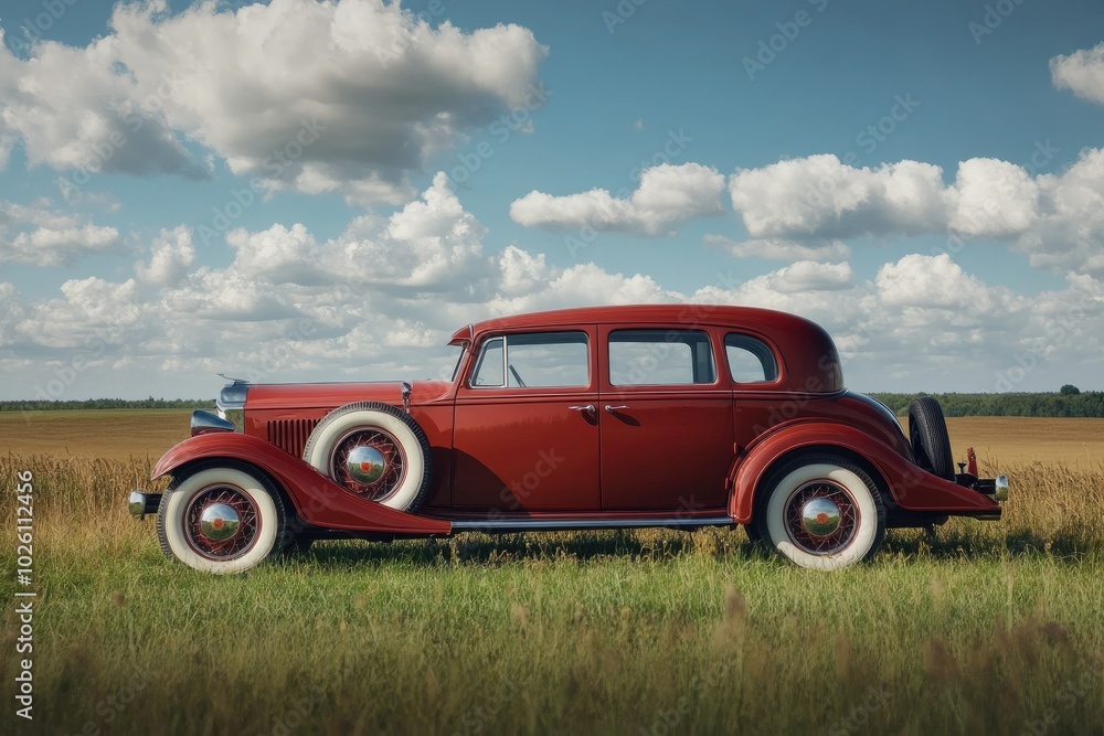 Fototapeta premium Classic Red Car in Open Field under Blue Sky