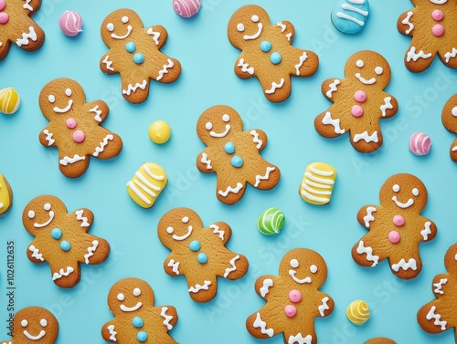 Colorful gingerbread cookies and candies on blue background. Fun and festive holiday treat, perfect for Christmas or parties.