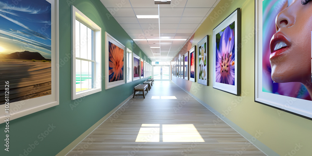 A series of framed photographs on the walls of a mental health outpatient center, showcasing images of resilience and hope. A series of framed photographs on the walls of a mental health outpatient center, showcasing images of resilience and hope.