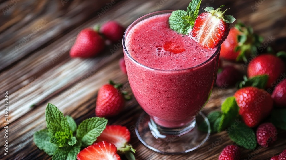 A strawberry smoothie in a glass, garnished with sliced strawberries, surrounded by fresh berries and mint leaves on a wooden table. A strawberry smoothie in a glass, garnished with sliced strawberries, surrounded by fresh berries and mint leaves on a wooden table.