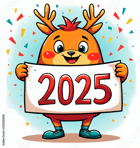 A colorful cartoon character is depicted in a festive vector doodle style holding a celebratory sign that reads 'Happy New Year 2025'._00001_