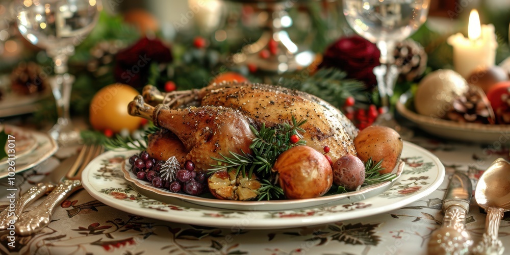A beautifully arranged festive dinner table with a roasted chicken garnished with herbs and spices, surrounded by seasonal decorations and candles, ready to be enjoyed A beautifully arranged festive dinner table with a roasted chicken garnished with herbs and spices, surrounded by seasonal decorations and candles, ready to be enjoyed