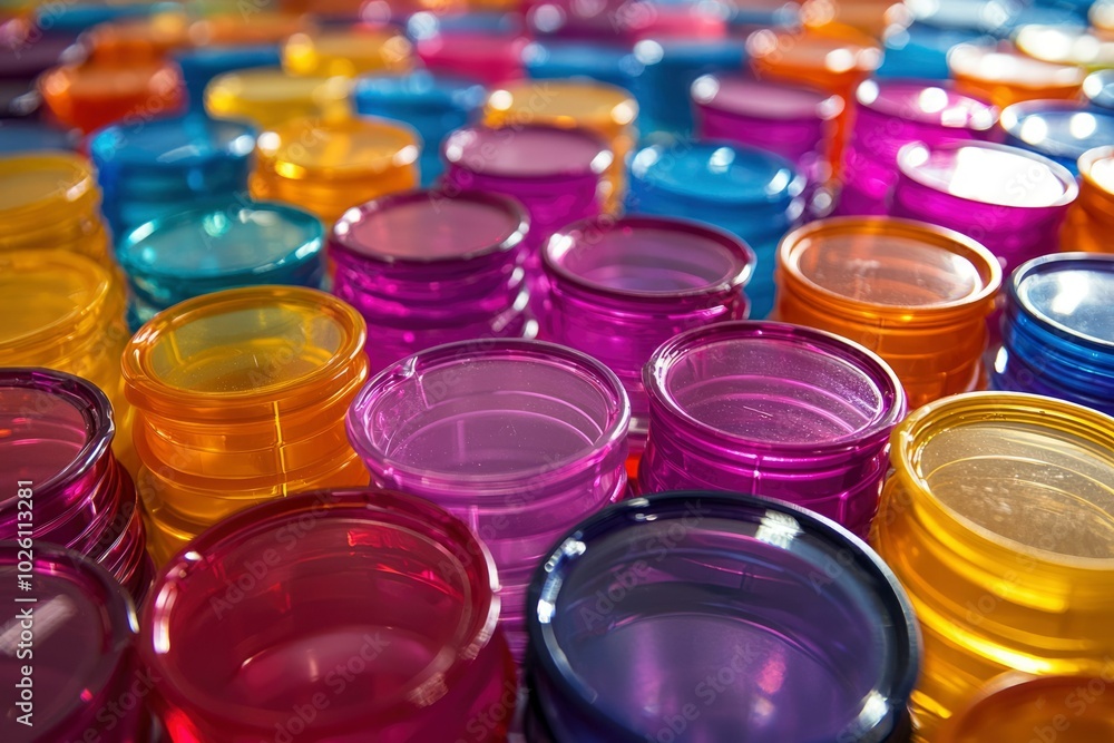 Colorful Circular Plastic Containers Stacked and Arranged Colorful Circular Plastic Containers Stacked and Arranged